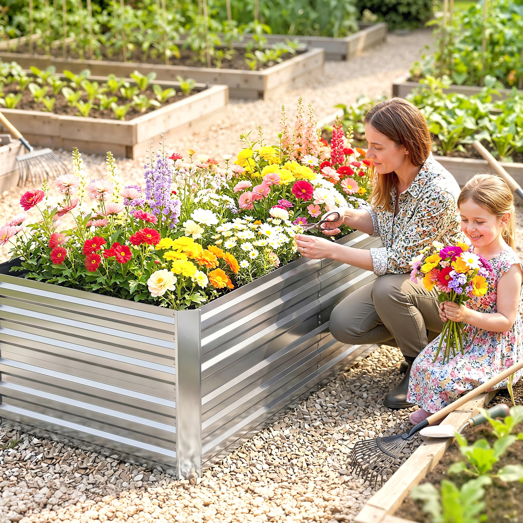 Raised Garden Bed Metal Planter Box with Reinforced Rods, Silver