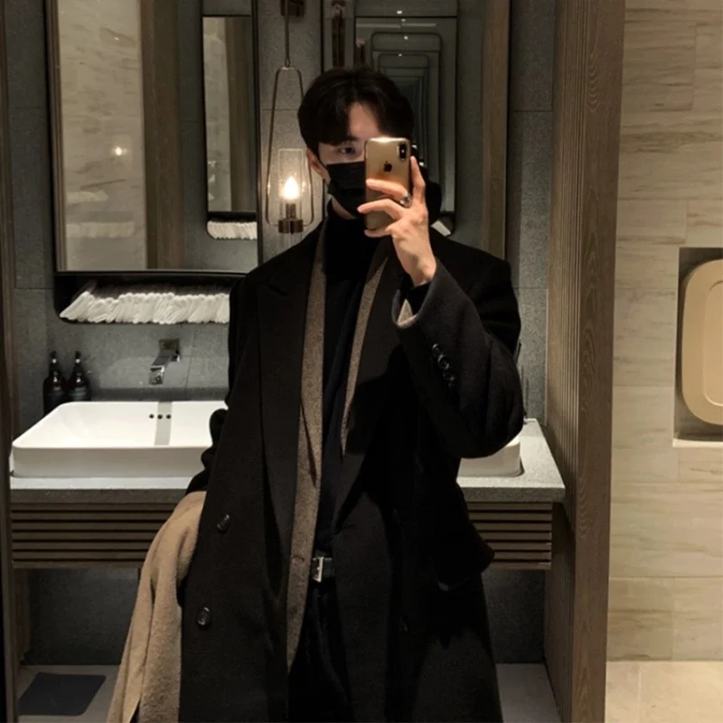 

Korean Style Men's Woolen Coat Spring Autumn Middle Length Jacket British Style Casual Fashionable Double Breasted Coat