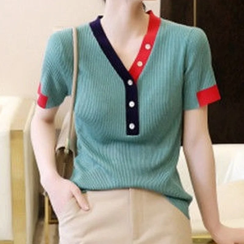 French Hit Color Striped Sweater Women Summer 2023 New Fashion Short Sleeve V Neck Button Slim Casual Knitted Top female clothes