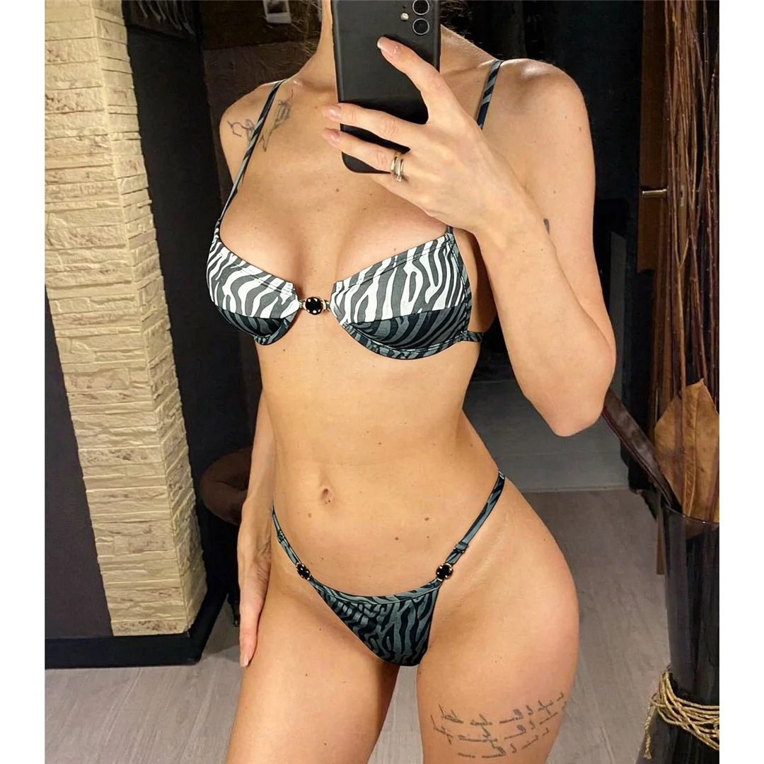 2026 Bedruckter Bikini mit Bügel für Damen, zweiteiliger Badeanzug, hoher Beinausschnitt, Badebekleidung, Badeanzug, Schwimmbikini V8460 – Detail 3