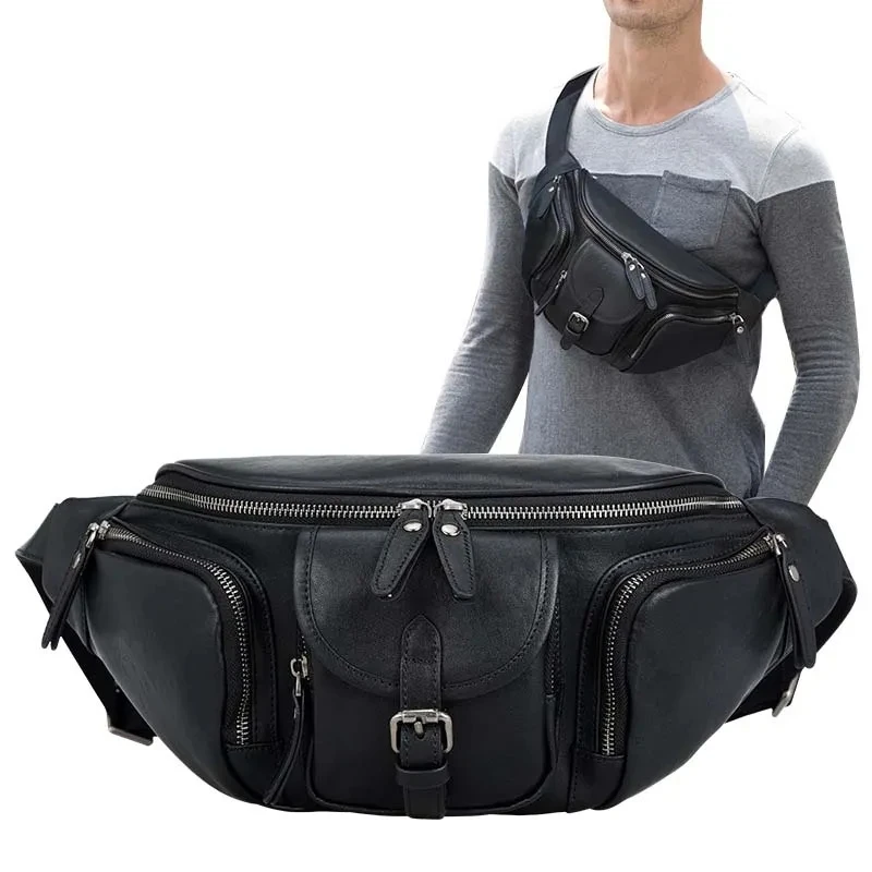 Riñonera de cuero genuino para hombre, bolso de cintura pequeño para teléfono, 2 usos, iPad Mini, paquete de pecho de viaje