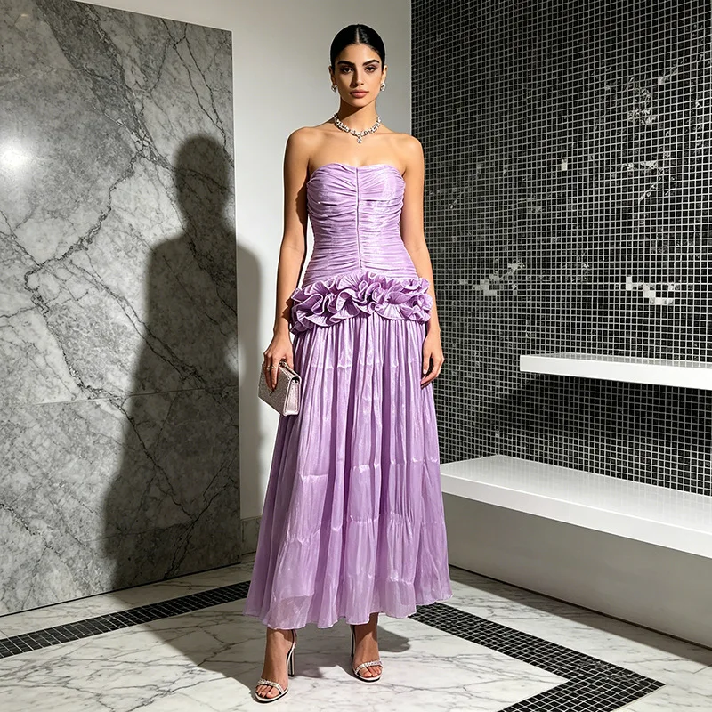 

Spring Summer Women's Ruffle Floral Strapless Evening Dress Bodycon Dresses Luxury Party Gown Formal Outfits