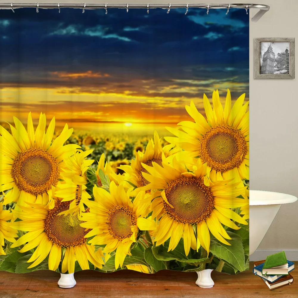 Sunflower Fresh Flowers Pattern Shower Curtain Bathroom Waterproof 3d Printing Bath Curtain With Hooks 180*180cm Polyester Cloth