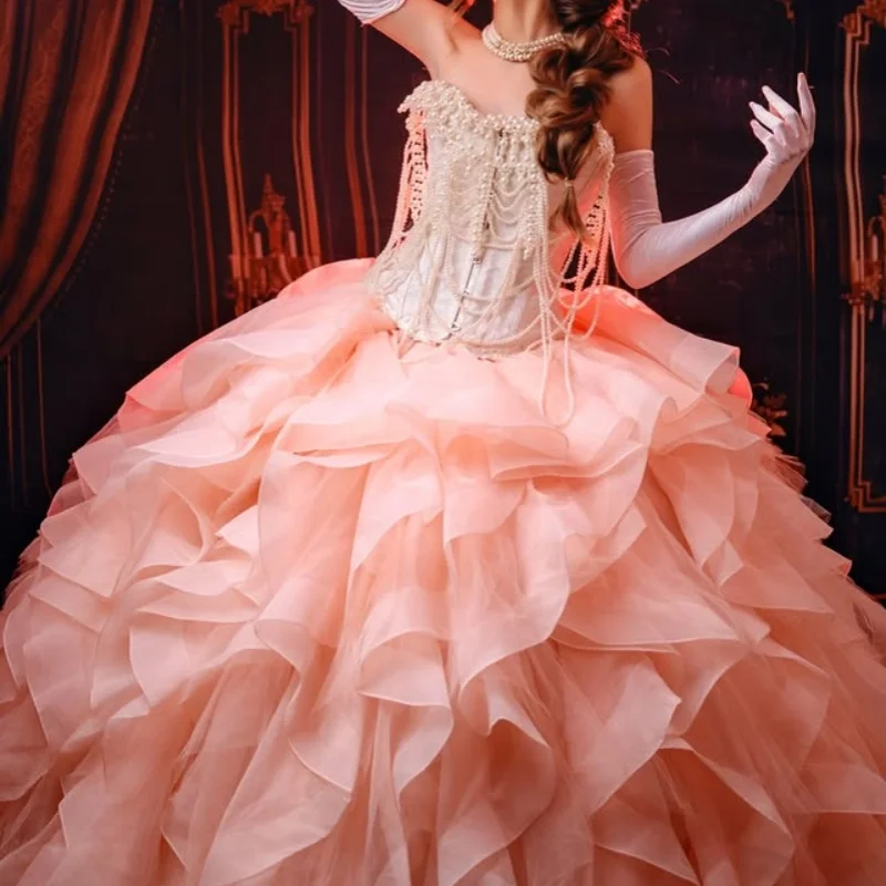 

Pink Quinceanera Dress off-shoulder Sequins Crystal Pearl Decal Lace Layering Bow vestidos de 15 Quinceanera ﻿Customized
