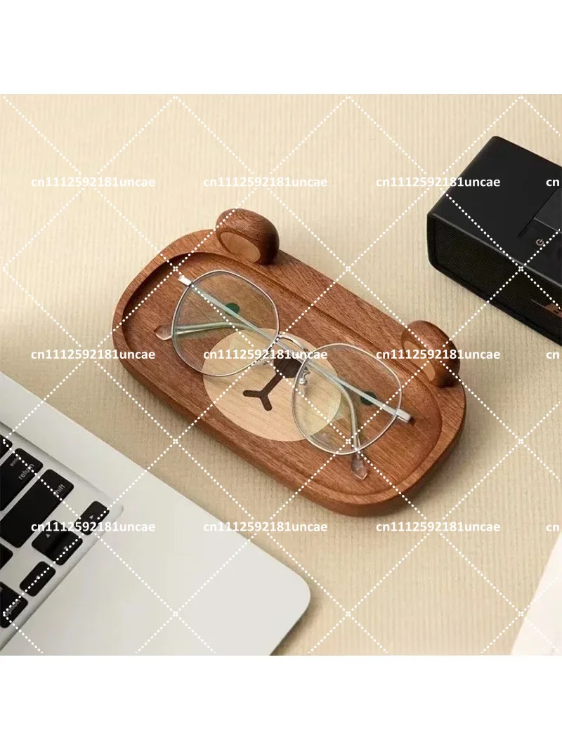 Creative Cute Bear Glasses Frame Key Sundry Placing Tray Solid Wood Cartoon Office Desktop Storage Organizer