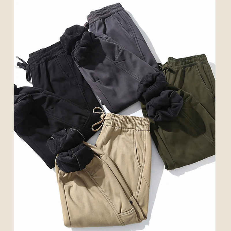 Casual Men's Pants Plush Cuffs Elastic Waist Versatile Outdoor Cargo Pants Classic Solid Color Winter Japanese Style Trousers