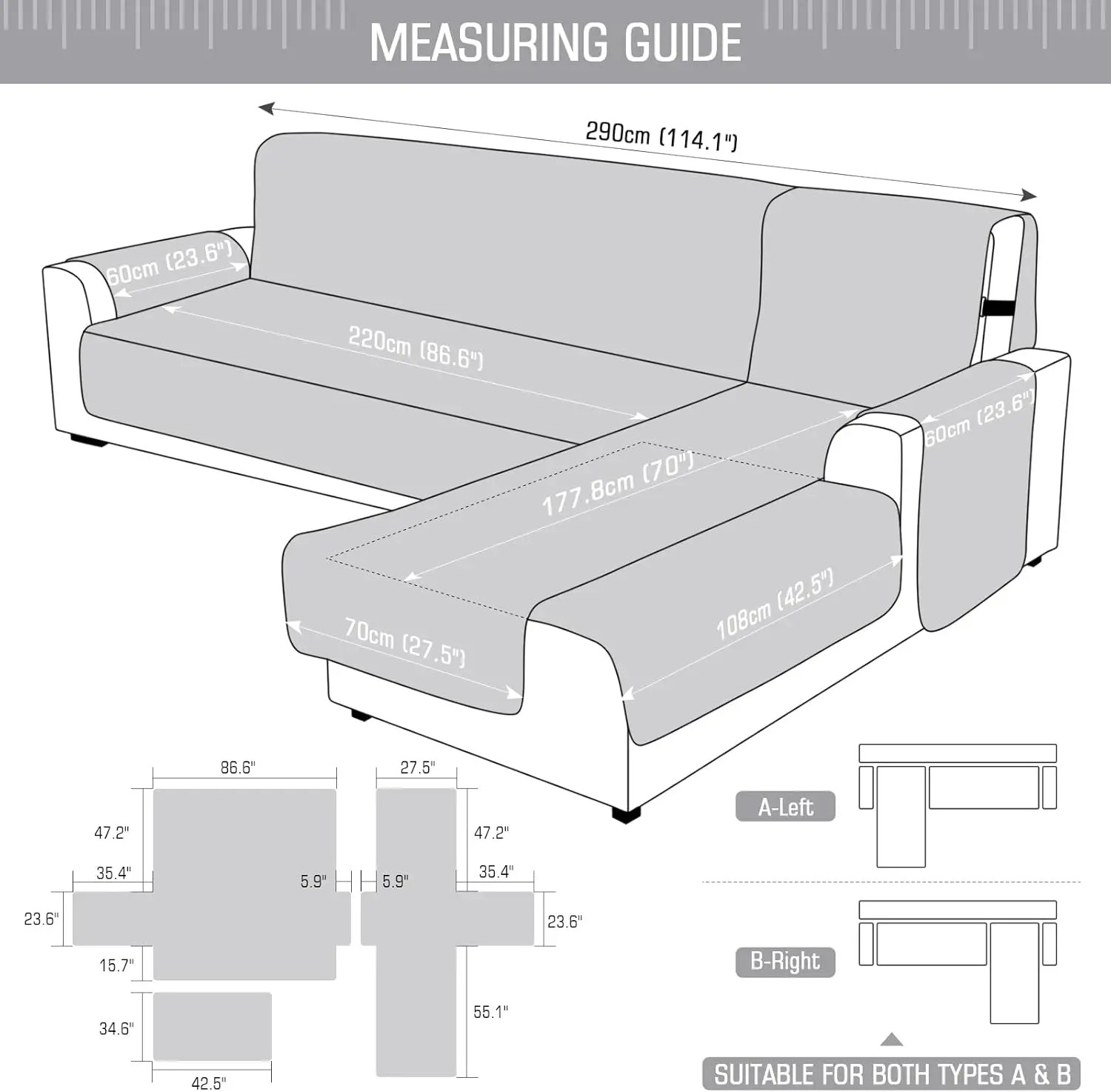 Waterproof L-Shaped Sectional Sofa Cover, Reversible with Elastic Straps, X-Large Gray for Pet and Kid Protection