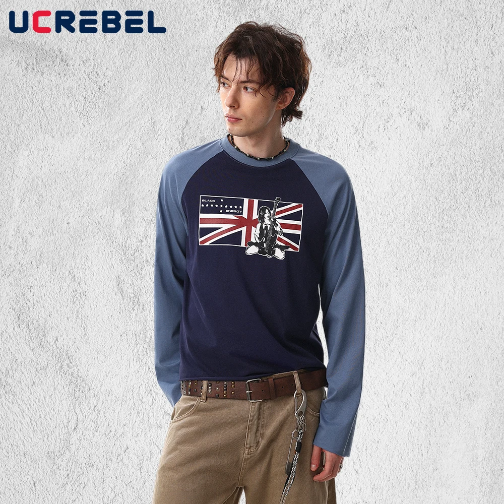 Rock Rap Print Long Sleeve T-shirt Mens Retro Streetwear Raglan Sleeve Crew Neck Cotton Tee Man
