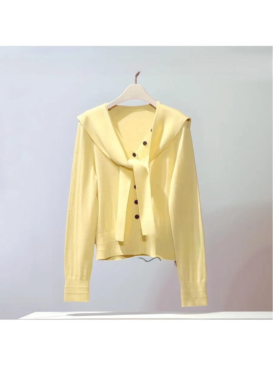 

Yellow Knitted Sweater And Shawl Two-Piece Set for Women Slim Fit Winter 2025 Fashion Casual Long Sleeve Open Cardigan Top