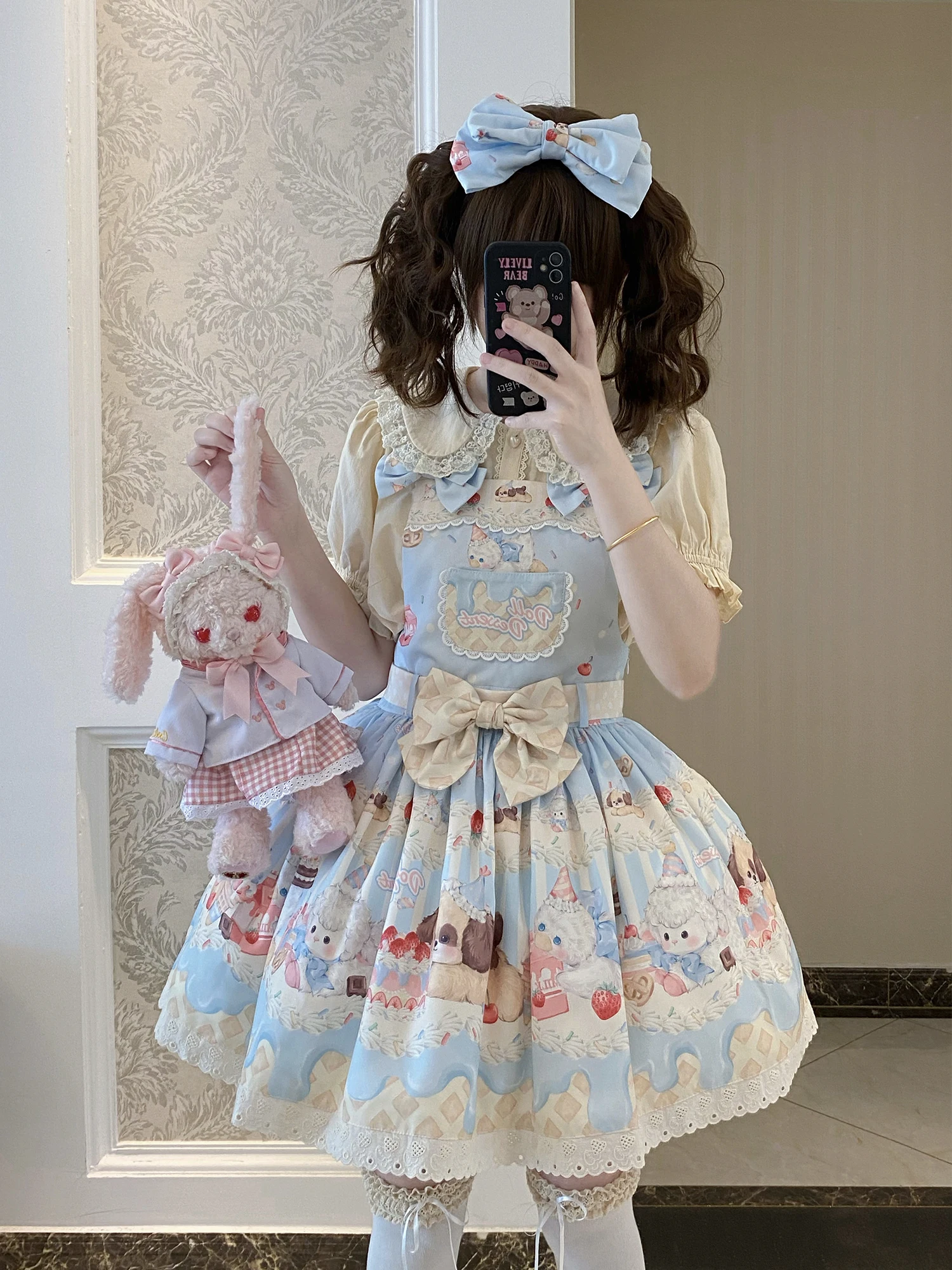 اليابانية الحلو لطيف الكرتون طباعة لوليتا JSK فساتين مطرزة الدانتيل عالية الخصر القوس حزام سليم قصير Kawaii فستان المرأة الصيف #6