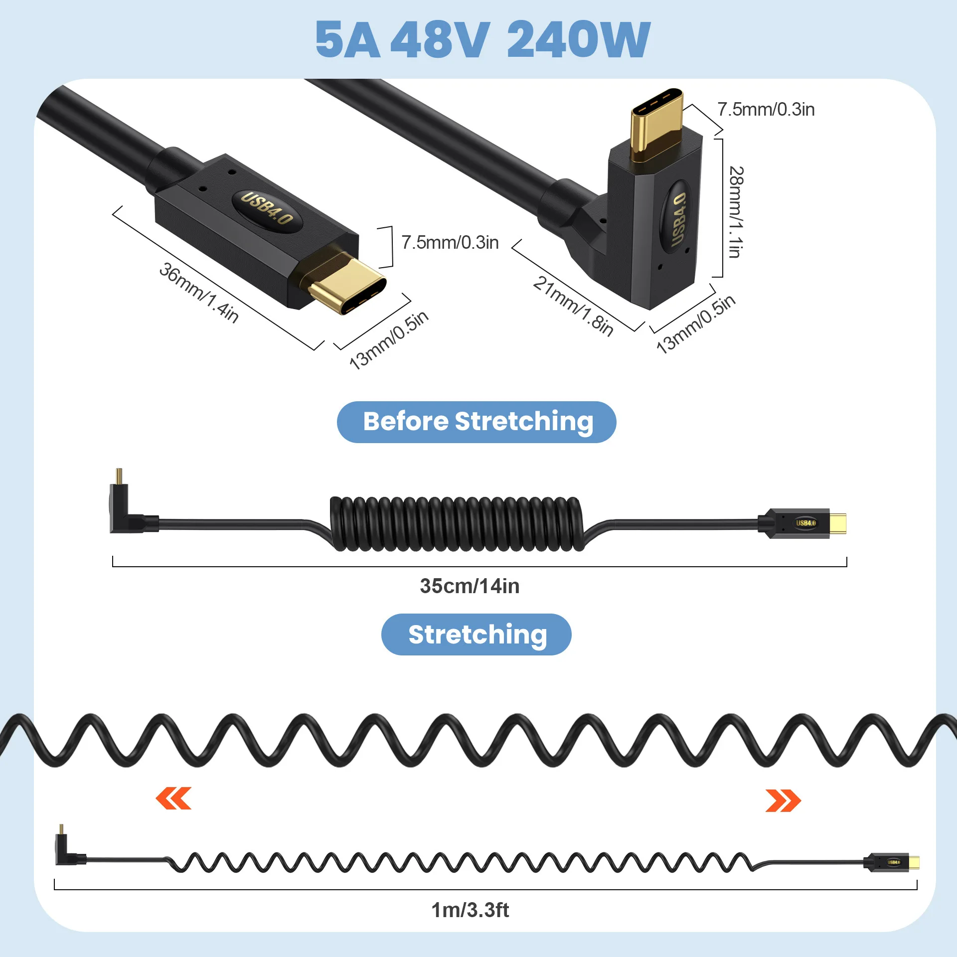 Cavo USB4 a doppia porta tipo C retrattile a molla 240 W (48 V/5 A) 8K 60 Hz Cavo per laptop Thunderbolt 40 Gbps Coassiale ad alta velocità PD 1,2 m