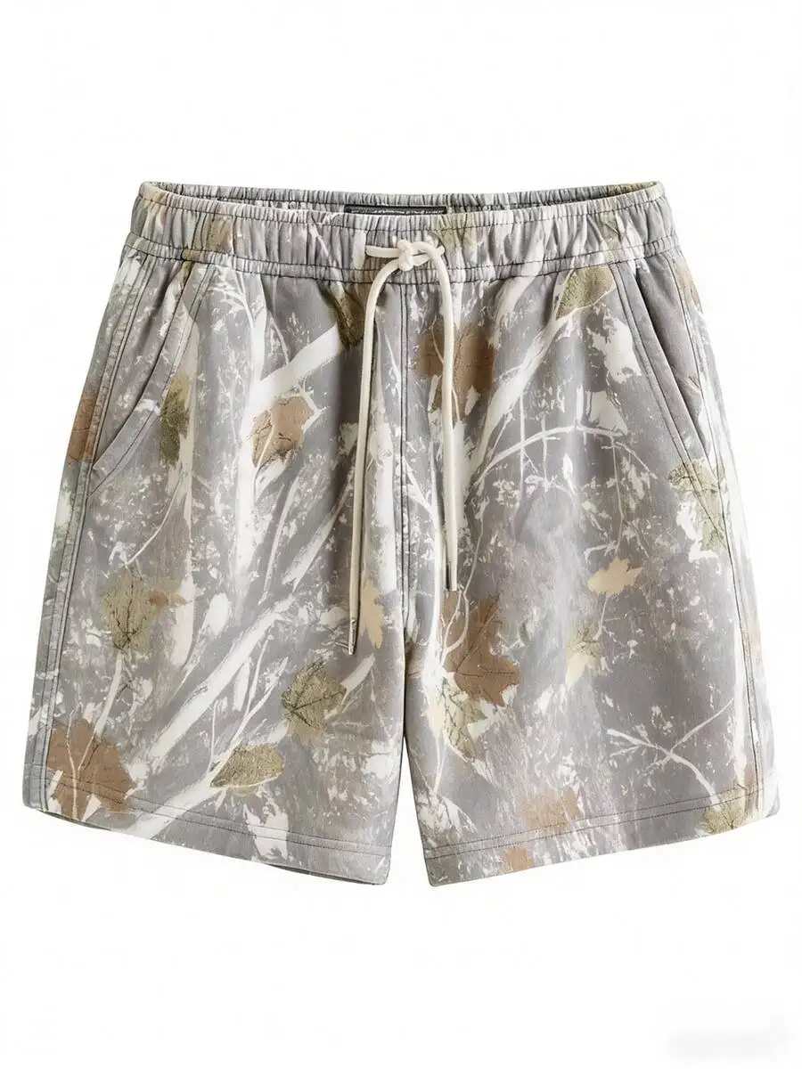 Unisex Camo Print Sweatshorts With Maple Leaf Motif, Elastic Waistband And Drawstring Closure, Side Pockets
