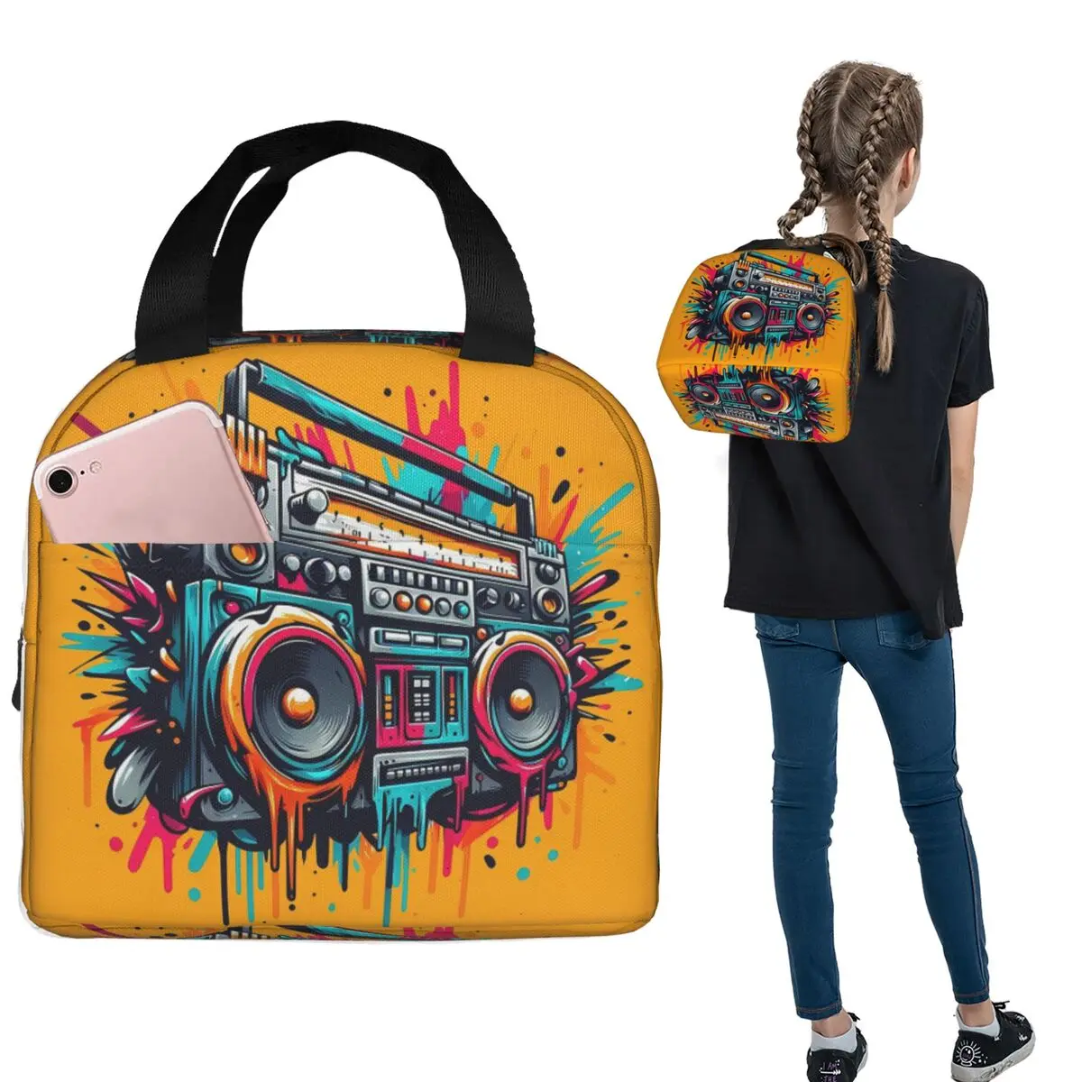 

Термоизолированная сумка для обеда Color Graffiti Radio для женщин и детей, портативная сумка-тоут для еды, термосумка для ланча