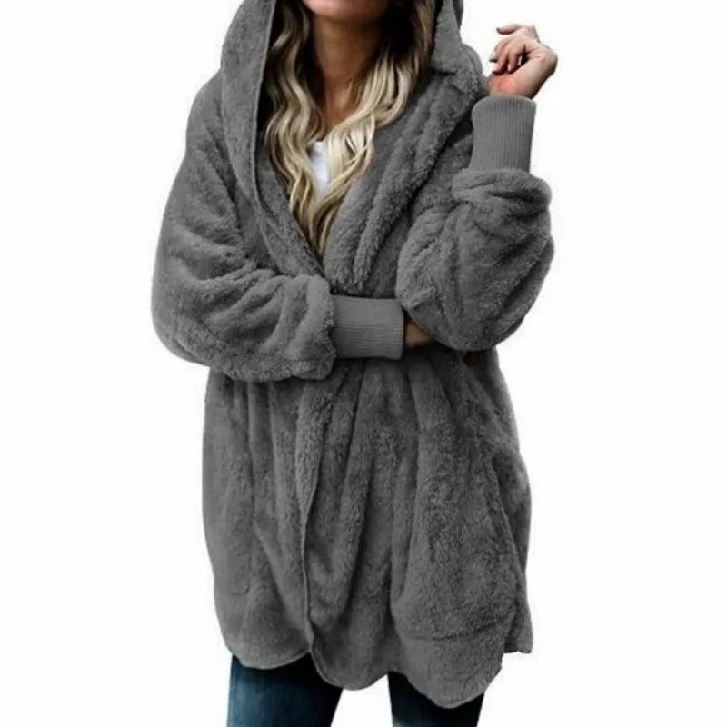 Autumn and Winter Women's Cardigan Solid Flocking Hooded Screw Thread Long Sleeved Mid Length Coat Fashion Casual Loose Tops