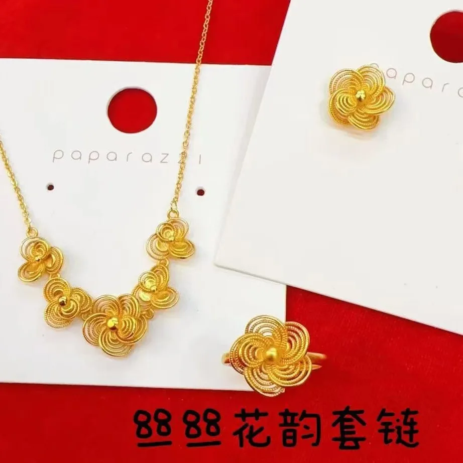 Ancient Gold 9999 24K Real Gold Silk Flower Rhyme Set Women's Wedding Jewelry Necklace Ring Earring Three-piece Set