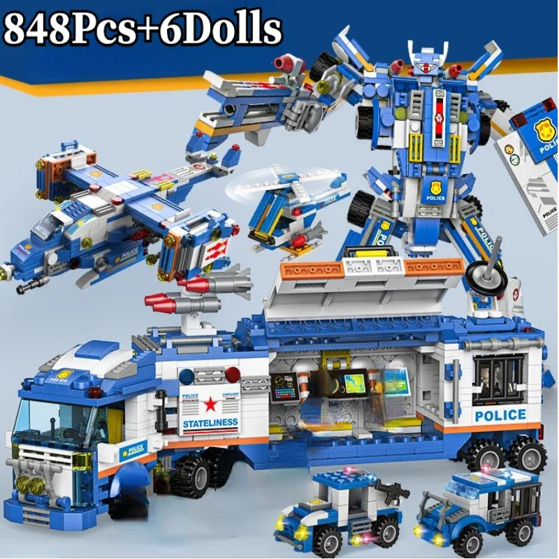 848Pcs City Patrol Police Command Trucks Building Blocks Policeman Robot Car Helicopter Model Bricks Toys for Children