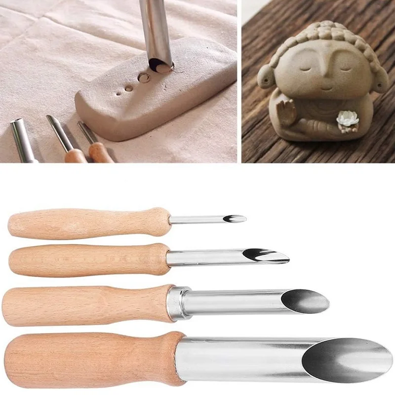 Pack of 4 Stainless Steel and Wood Circular & Semi Round Clay Hole Cutters for Pottery Drilling and Sculpture Convenient for Art