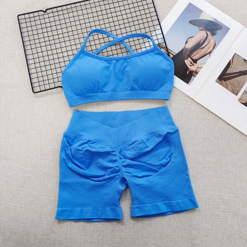 Nahtloses, schnelltrocknendes Fitness-Set für Damen: Sport-BH und Hüftstraffende V-Taille Yoga-Shorts, Pilates-Trainingskleidung, Gym-Set – Detail 15