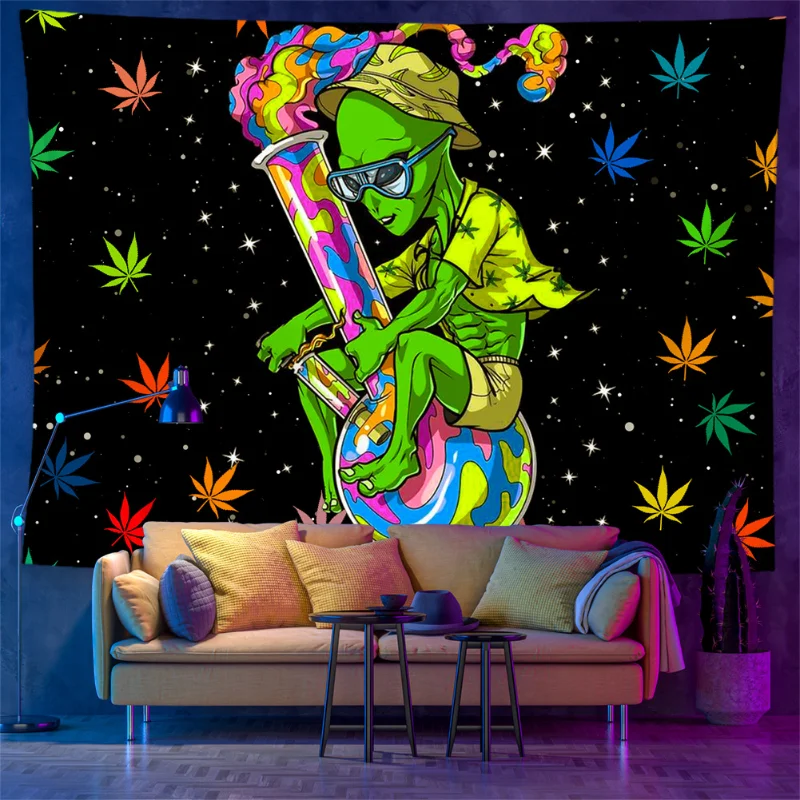 VIKAMA Psychedelic Alien Tapestry, Blacklight UV Reactive Wall Hanging, Weed Leaf & UFO Print for Trippy Stoner Room Decor