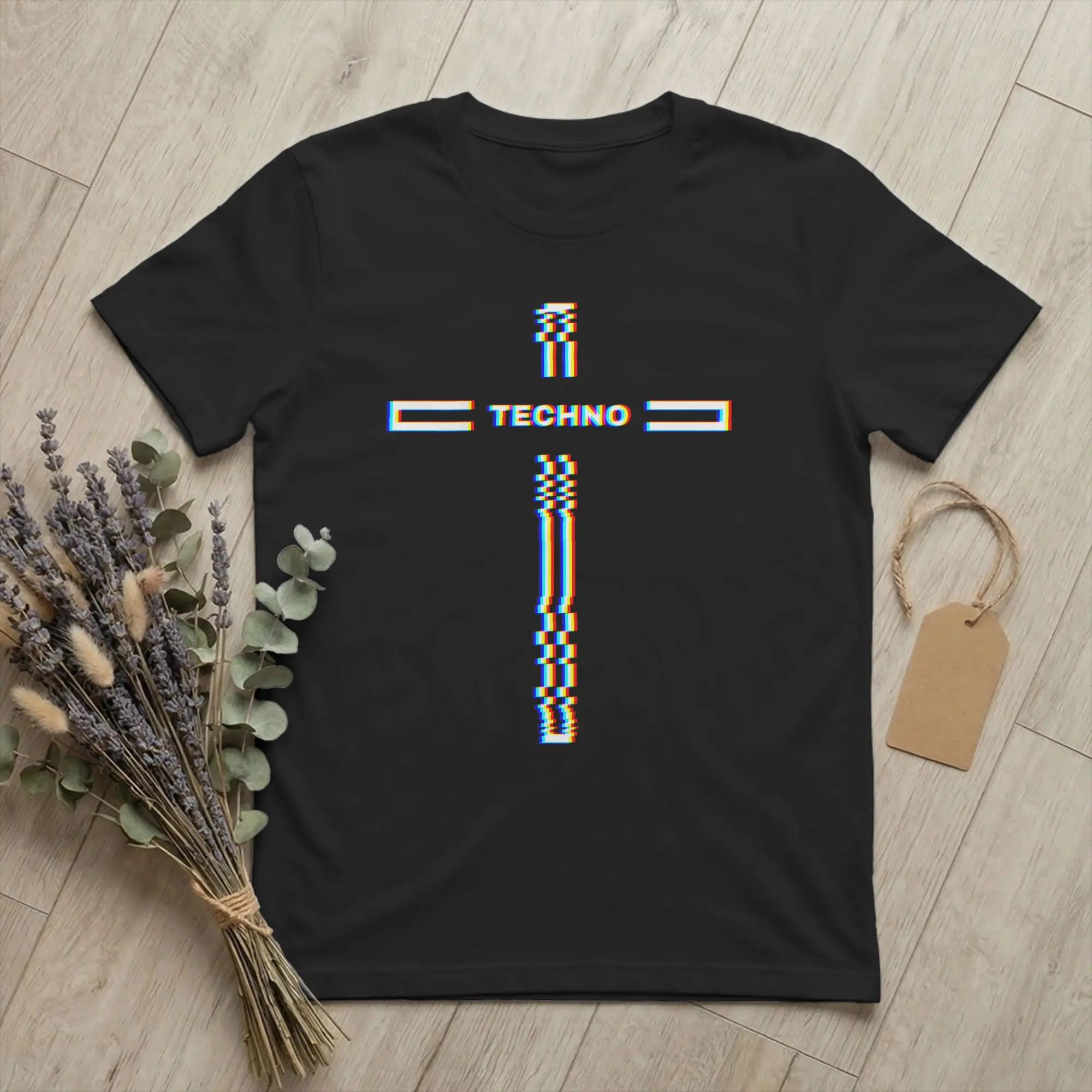 Techno Musique Religion Cross Glitch Rave T Shirt for Men Cotton Awesome T-Shirts Crew Neck EDM Tees Short Sleeve Clothing
