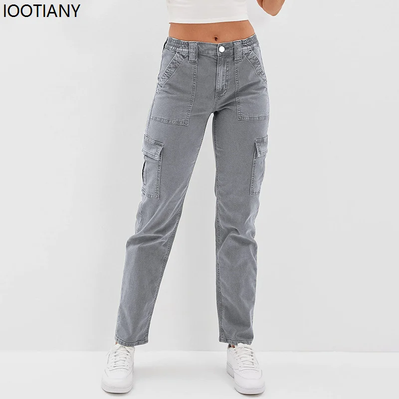 Brand New Women's Mid-rise Grey Multi-pocket Cotton Jeans Fashionable High-elastic Straight Jeans Casual Women's Wear S-2xl