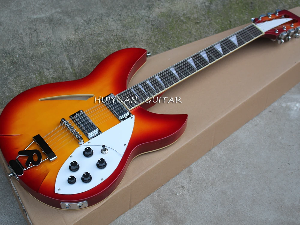 12 Strings Cherry Sunburst Semi-hollow Electric Guitar with Two Pickups,White Pickguard,Rosewood Fretboard