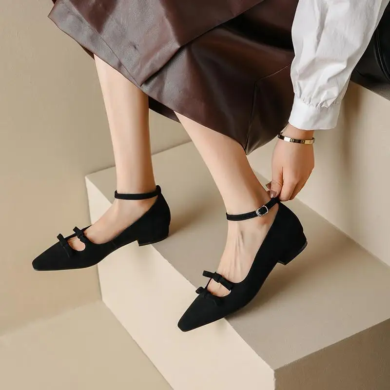 Krazing Pot Sheep Suede Shallow Square Toe Convenient 2024 Chunky Low Heels Buckle Straps Summer Butterfly-knot Decoration Pumps