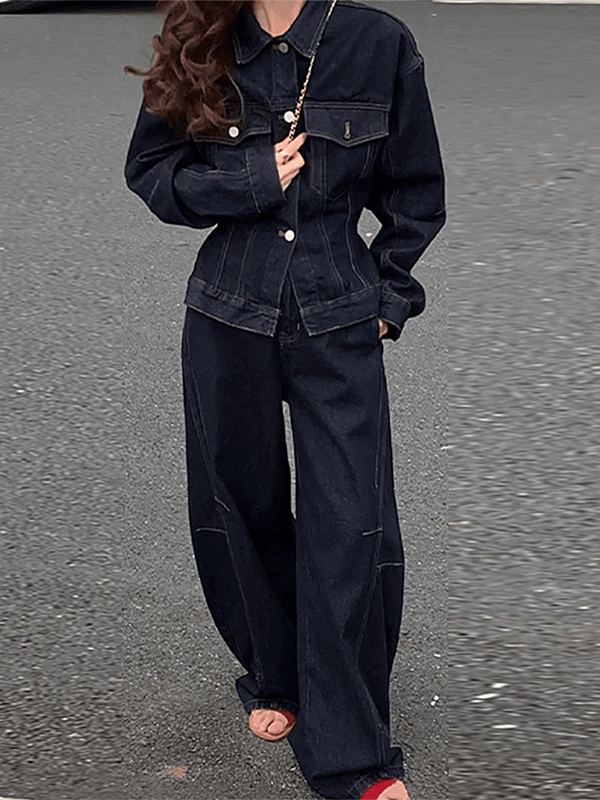 

Ретро-джинсовый костюм для женщин: модный комплект в корейском стиле, брюки с высокой талией и широкими штанинами, осенне-зимний комплект из двух предметов больших размеров