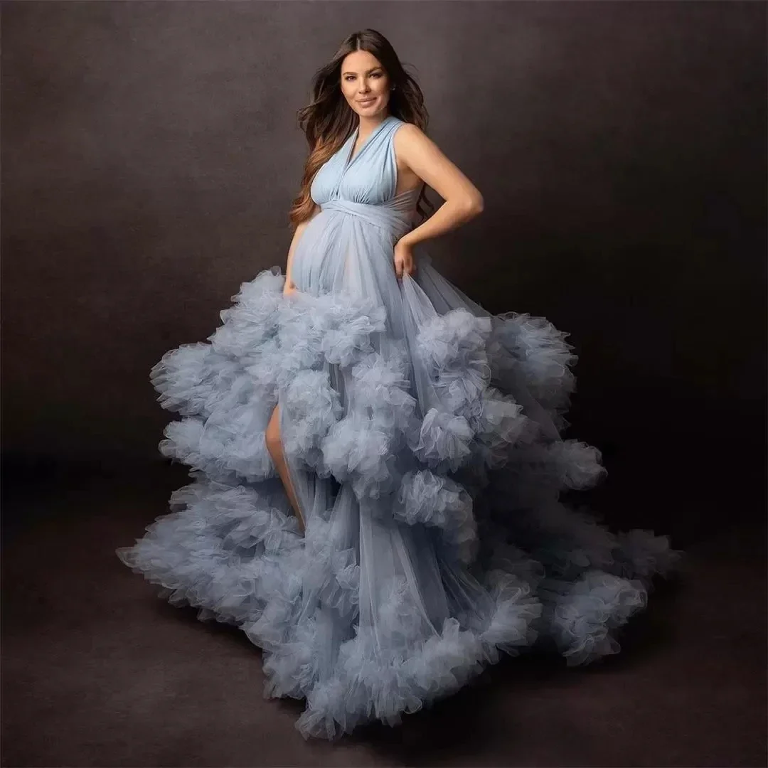 Moederschap Jurk voor Vrouw V-hals Ruches Prom Partij Jassen Zwangerschap Babyshower Outfit Gewaad Fotografie Props Aangepaste