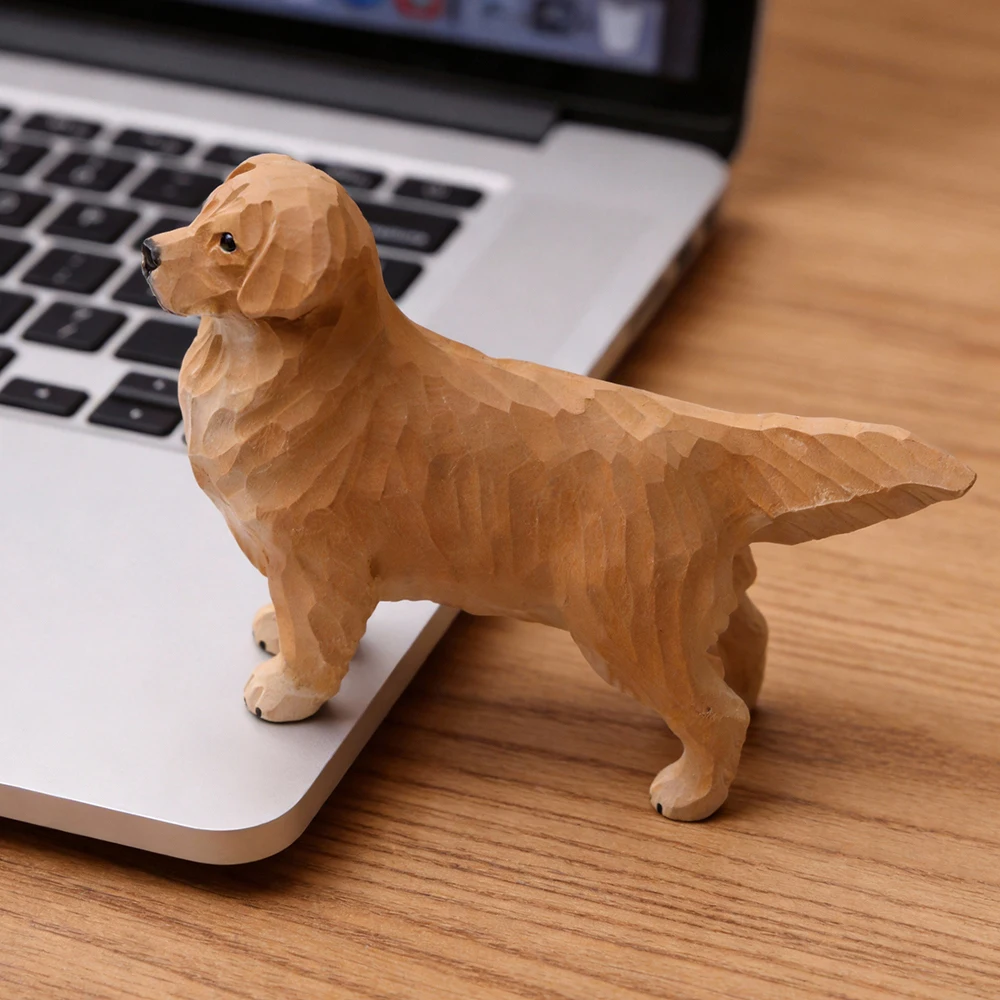 JIE-Handgefertigte Naturholz Golden Retriever Hundefigur Statue Dekorative Skulptur für Wohnzimmer Schreibtisch Heimdekoration Geschenk