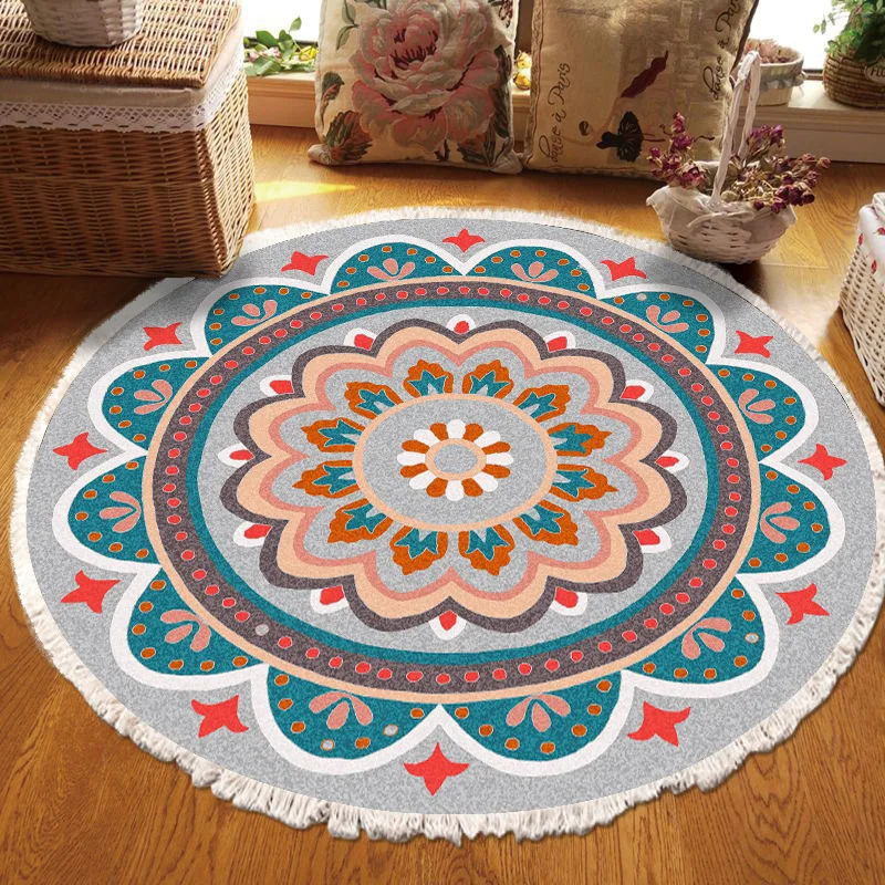 Vintage Round Carpet for Living Room Hand Woven Bedroom Rugs Cotton Linen Tassel Anti Slip Prayer Floor Mat Boho Mandala Carpet