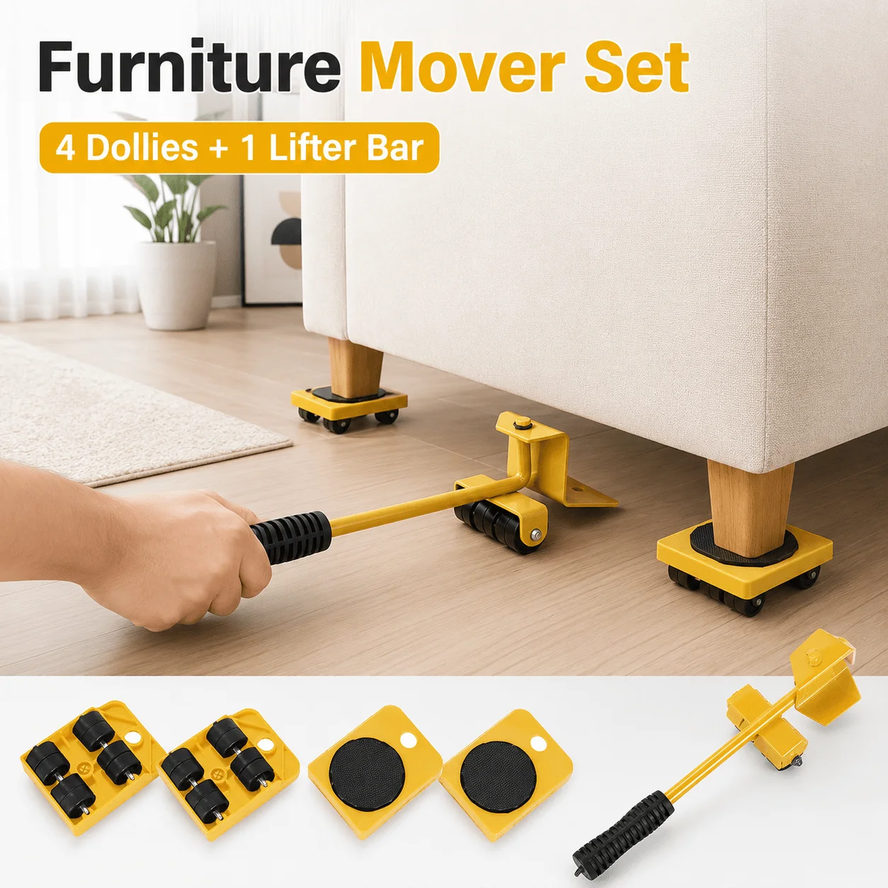 Heavy Duty Furniture Moving Tool Yellow Non Slip Pads Strong Load Bearing Easy Moving Helper Refrigerator Sofa Cabinet Shifting