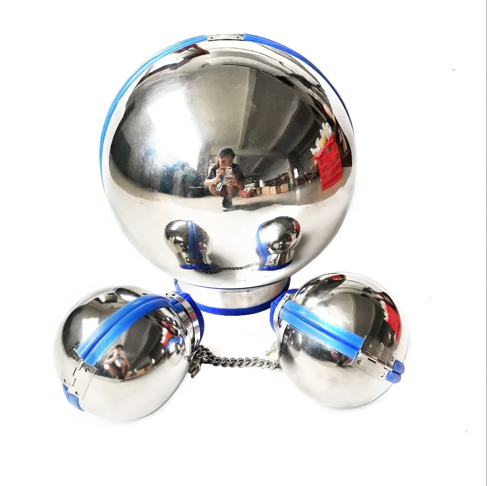 Stainless Steel Round Ball Helmet BDSM Bondage Restraint Lockable Head Hood Cover Handcuffs with Chain Wrist Sex Toys Slave 18+