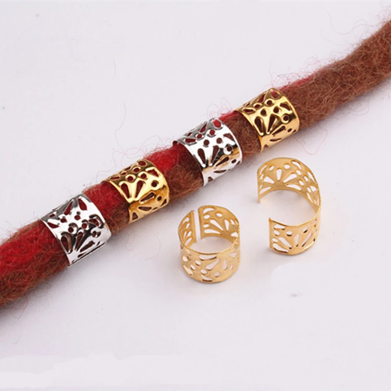 10Pcs Rohr Perlen Goldene Silber Ringe Für Zöpfe Schmuck Ring Furcht Dreadlock Perlen Einstellbare Braid Manschetten Hohl Haar Perlen