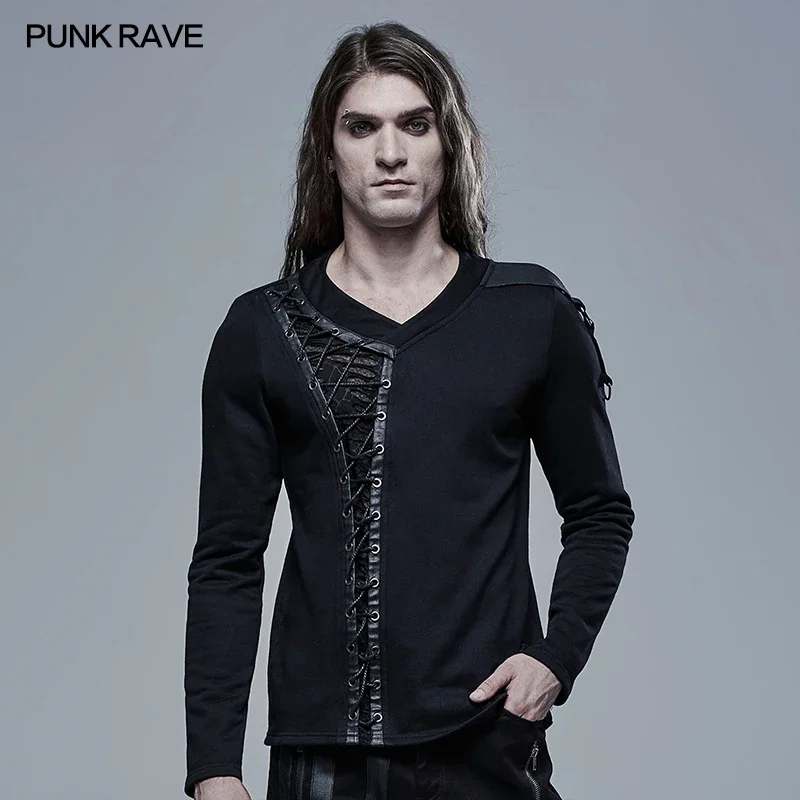 

PUNK RAVE Men's Gothic Front Asymmetric V-Neck Long Sleeve Black T-shirt Punk Personality Casual Men Street Tops Spring & Autumn