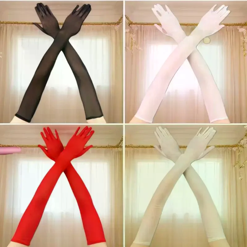 55CM Sexy Lace Thin Hollow Transparent Long Gloves Breathable Net Yarn Women Man Stage Performance Party Cosplay Elasticity