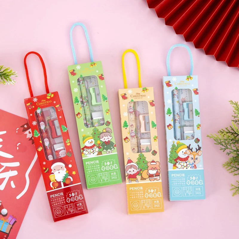 5Pcs Kawaii Children Stationery Set Gift Box Kindergarten Prize Gift Christmas Gift Pencil Ruler Eraser Sharpener Stationery Set