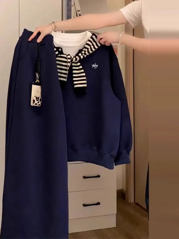 

Extra Large 300 Pou Blue Sweatirt Loose Two-Piece Set Korean Lazy Sle Autumn Winter High-End Feeling Old Money Pants