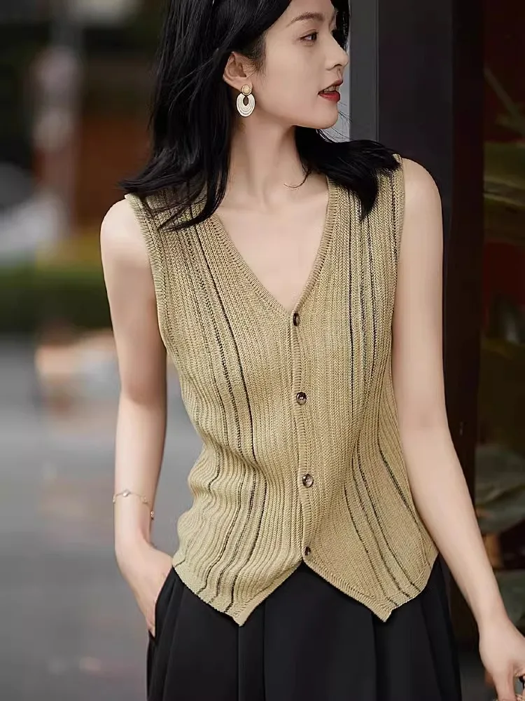 Faionable Knitted Svel V-Ne Cardigan Vest Versatile Top Slimming Straight Cut Commute Sle Korean Version Button D...