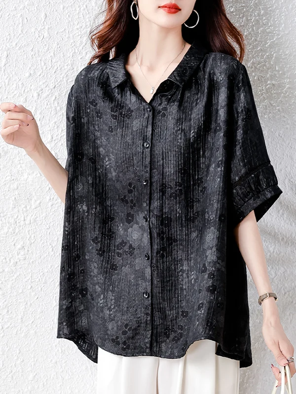 

Loose Women's ort Sve Printed irt Faionable Single Button Large Size Breathable Summer Top Collar Regular Length