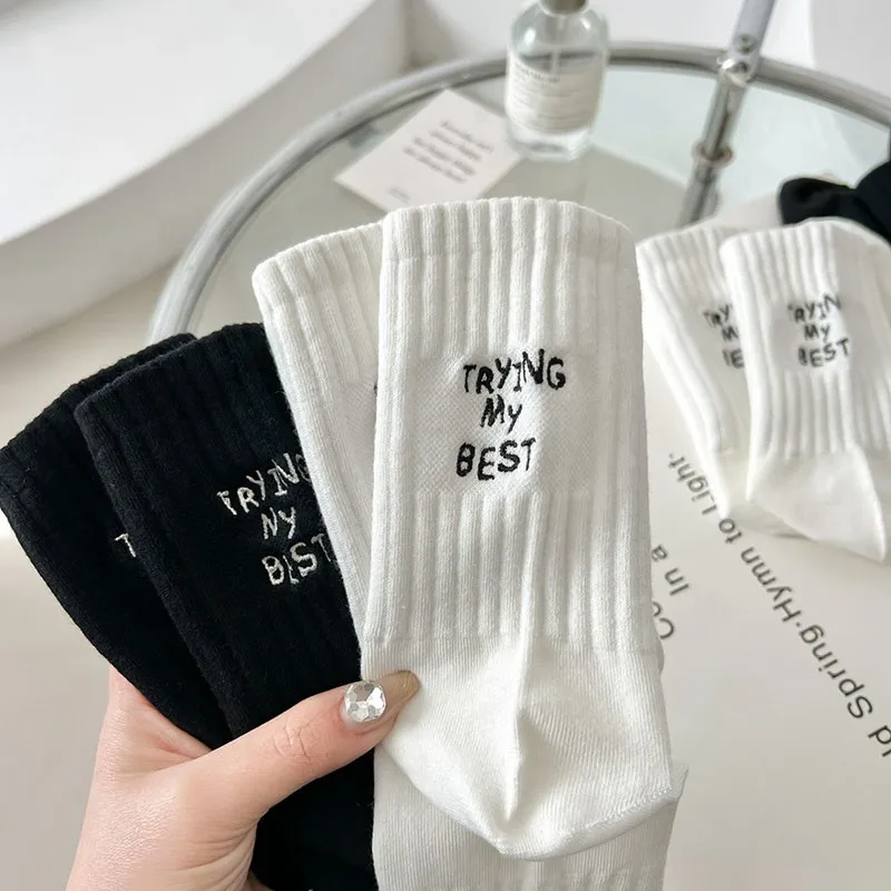 Women Letter Embroidered Cotton Crew Socks New Fashion Waistband Sports Series Trendy Street Style Ladies Socks I202