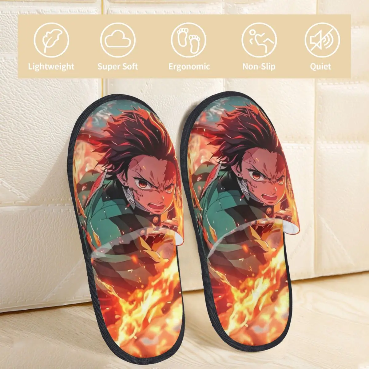 Tanjiro Kamado Slippers Non Slip Anime Demon Slayer Cozy Household Fur Slippers Slides Living Room