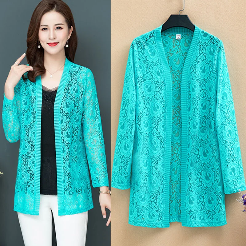 2024 Summer New Women Loose Openwork Lace Cardigan Thin Coat Female Long-sleeved Sun Protection Clothes Air Conditioning Shirts