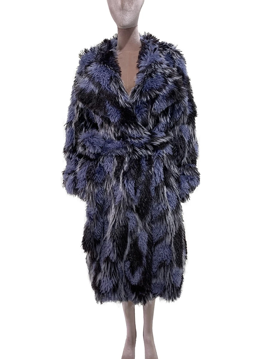 

Autumn Winter Long Loose Colorful Multicolored Thick Warm Soft Hairy Shaggy Faux Fox Fur Coat Women Elegant Furry Overcoat 2025