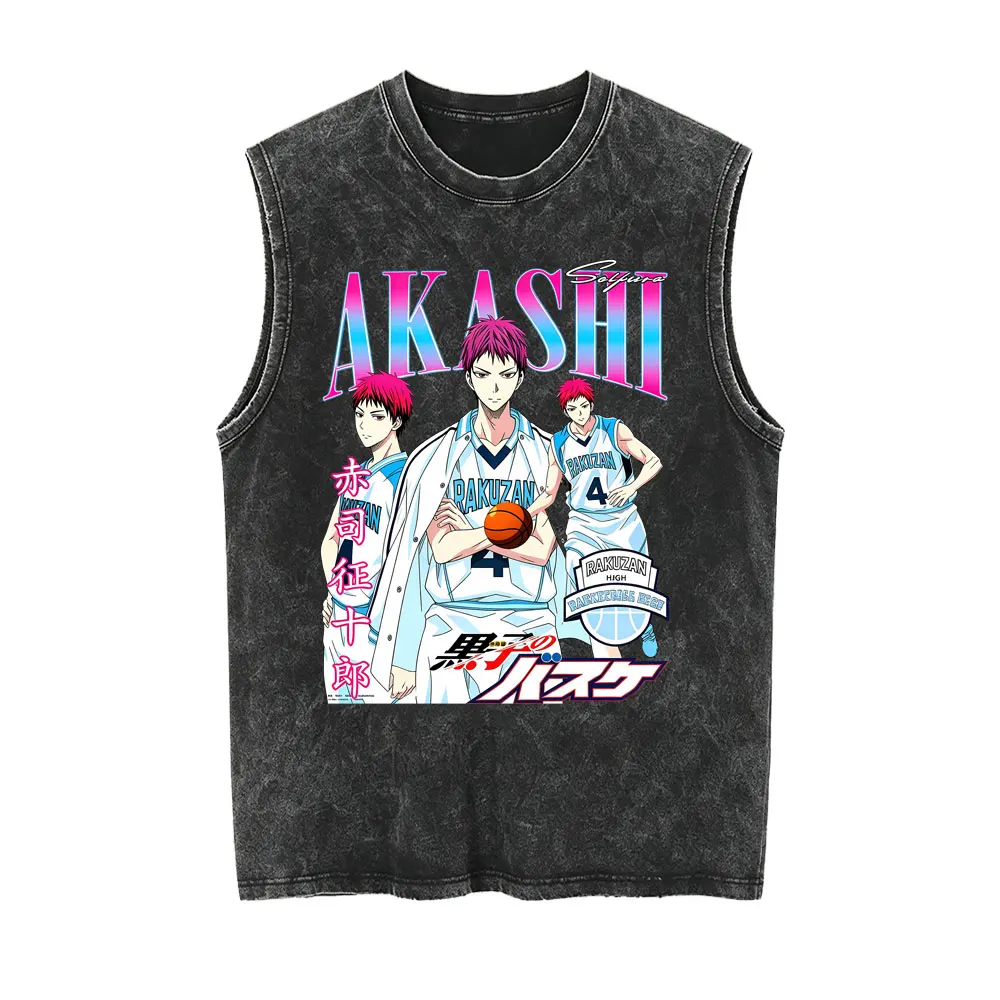 Anime Kurokos Basketball Akashi Seijuro Vintage Washed Tank Tops T-shirt Men Women Retro Cotton Quality Sleeveless Vest T Shirts
