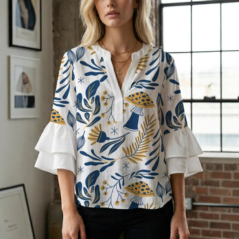 Women Multiple Colors  Mushroom Leaf Print Notched V Neck Flare 3/4 Sleeve Blouse Casual Loose Chiffon Shirt for Office Business