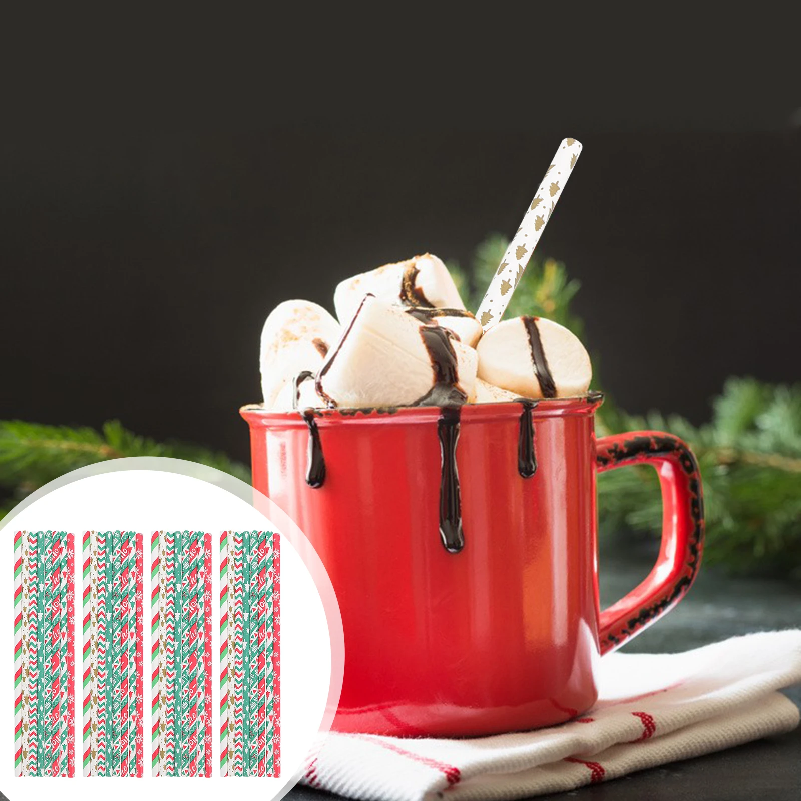 

200 Pcs Christmas Paper Straws Restaurant Drinking Pattern Cocktail Bar Festival Party Supplies Simple