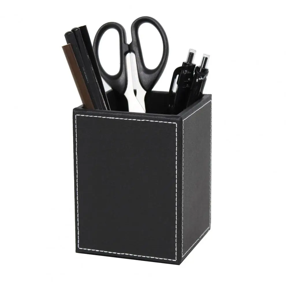 Pen Holder Desk Organizer White Stitching Faux Leather Pen Holder Waterproof Desk Organizer Square Pencil Cup for Easy Stylish