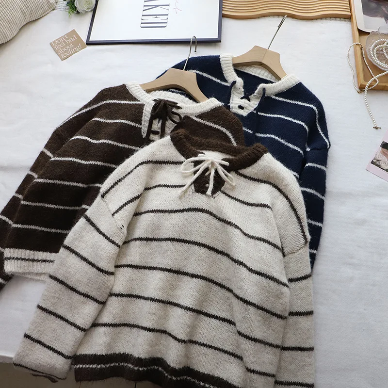 

Модный женский трикотаж на шнуровке с круглым вырезом, осень-зима, свободный свитер в полоску в стиле ретро с длинными рукавами, универсальные пуловеры, топы