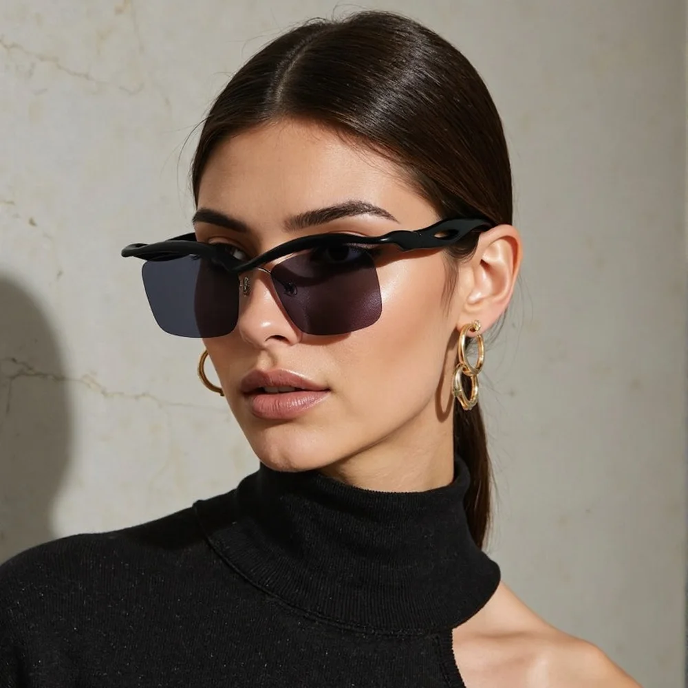 Moderne Vintage-Sonnenbrille für Damen, halber Rahmen, quadratische Linse, geometrische Linie, einfache Modeaccessoires, Damenbrille